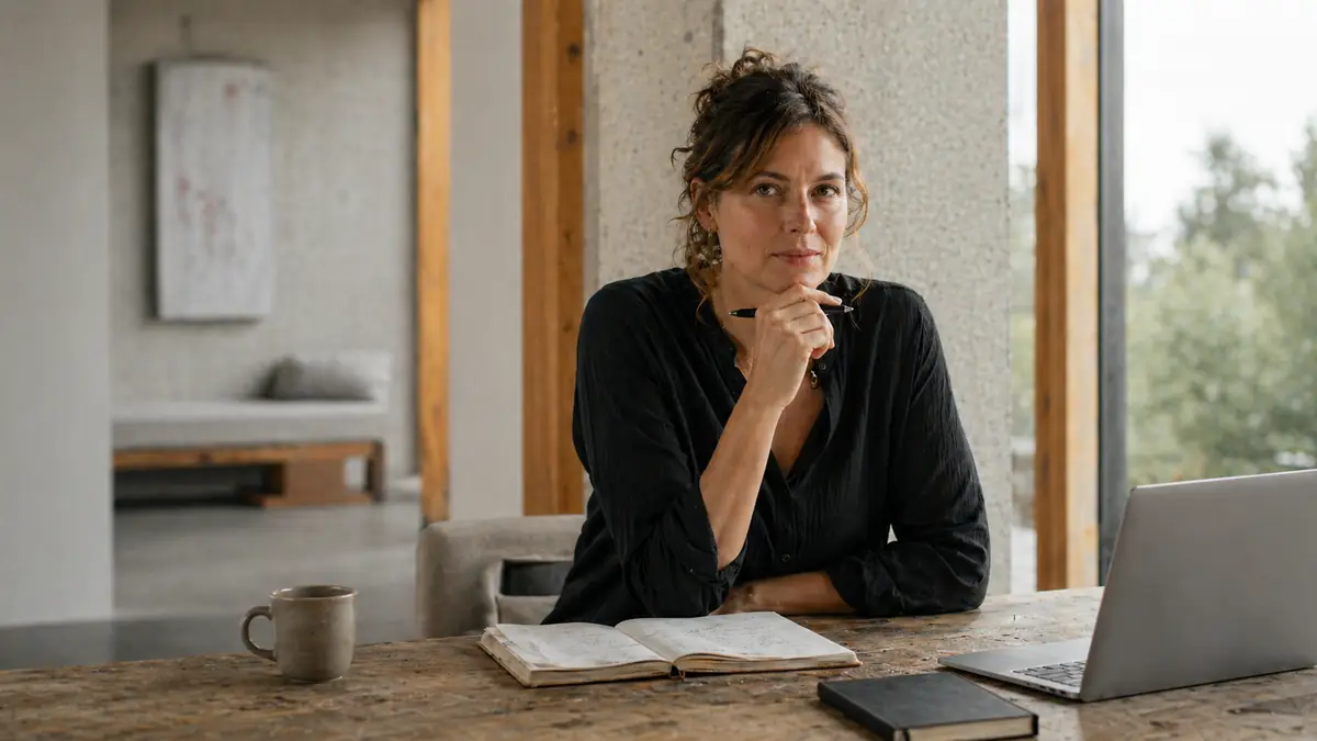 Een vrouw denkt na aan een houten tafel met een notitieboek en een laptop.