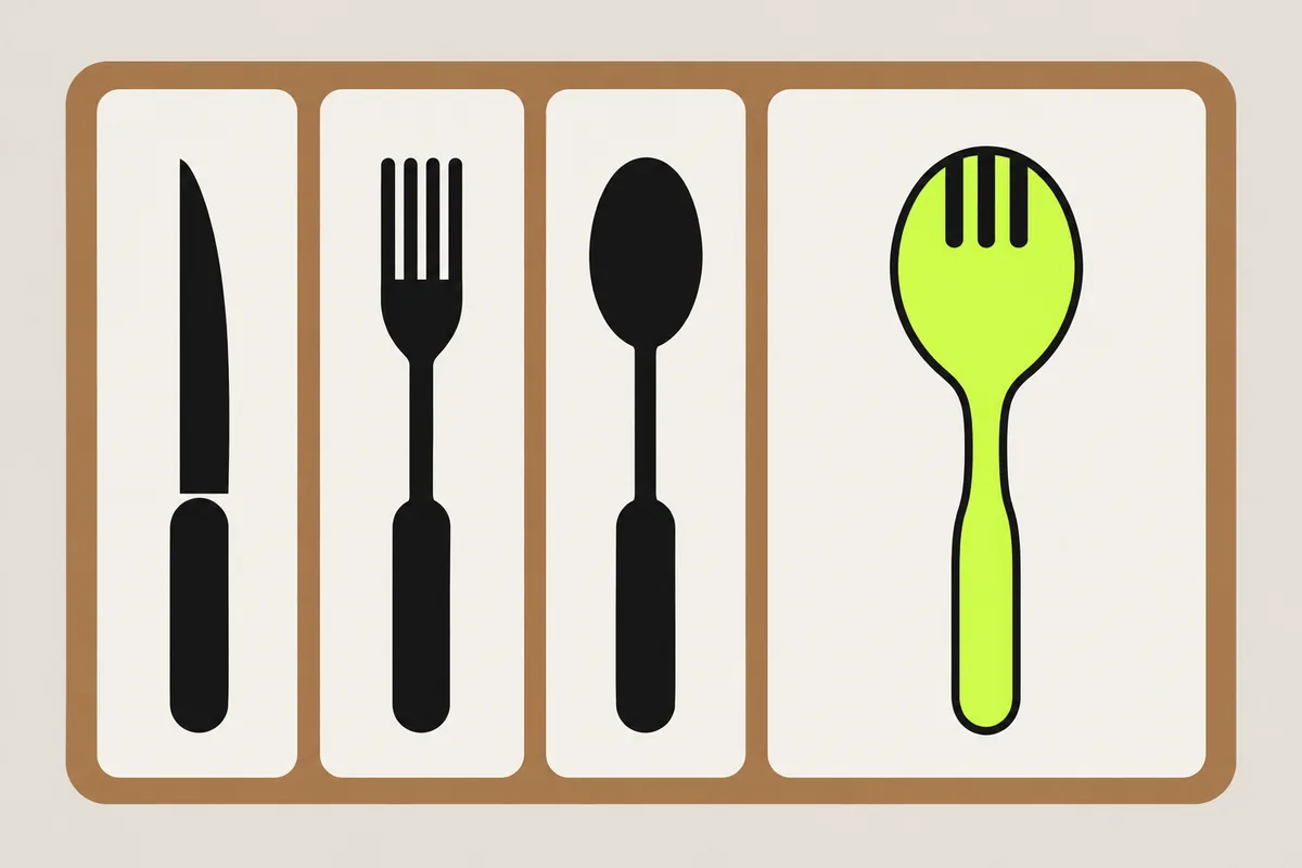 Een besteklade met vakken voor een mes, een vork en een lepel, en een breder vak met een limegroene spork.