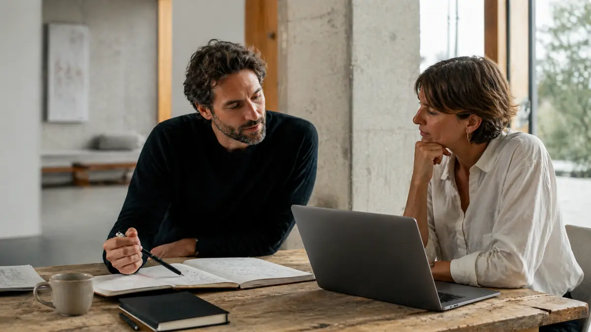 Twee collega's in gesprek aan een houten tafel met een laptop en notities.
