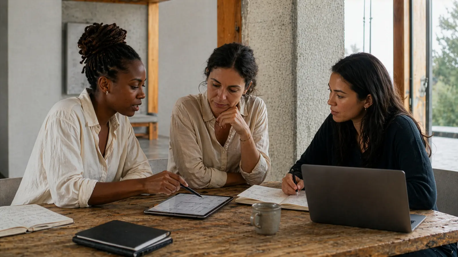 Drie collega's bespreken samen een schema op een tablet aan een houten tafel.