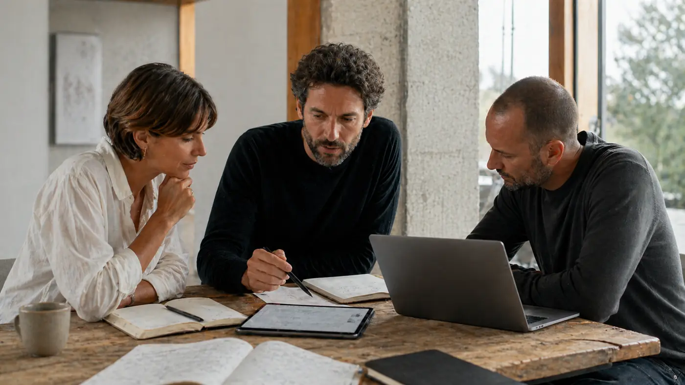 Drie collega's werken samen aan tafel met notitieboeken, een tablet en een laptop.
