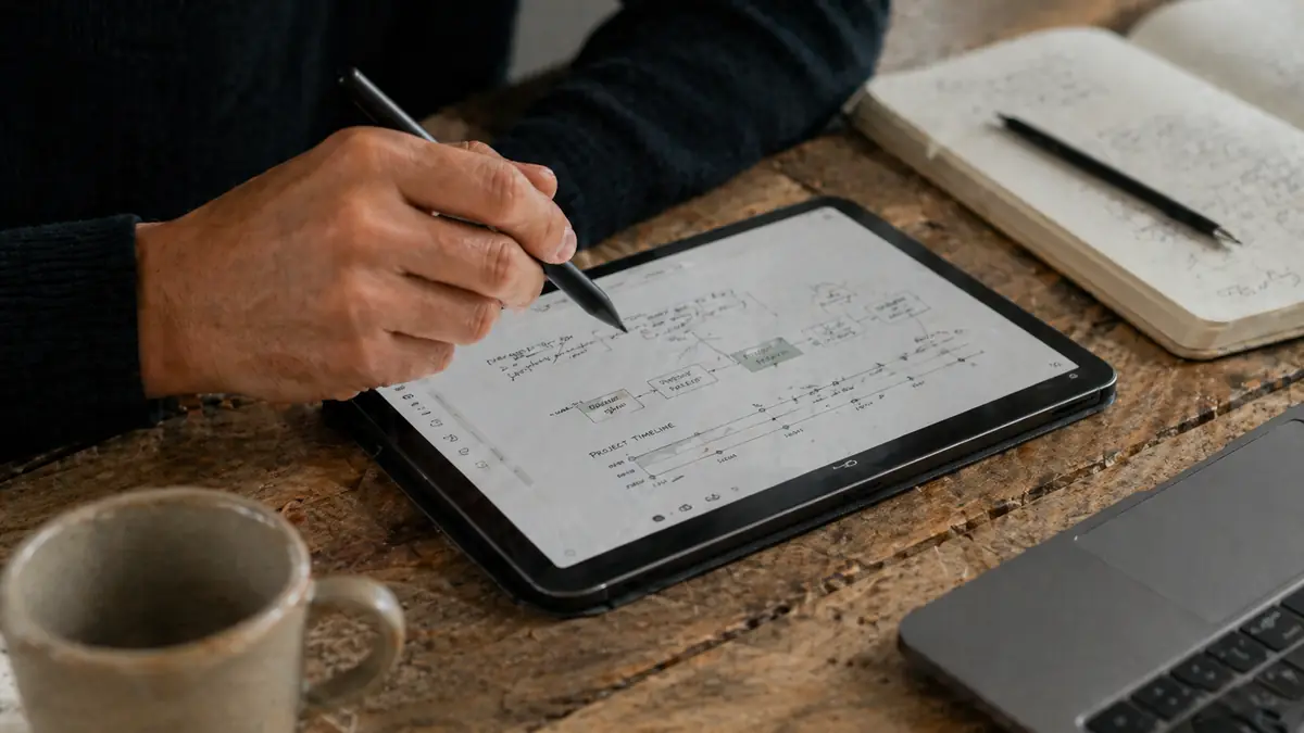 Een hand met een pen werkt een processchema bij op een tablet.